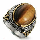 Mens Stainless Steel Gold Natural Oval Tiger Eye Stone Ring Men Size 7-15 Gift