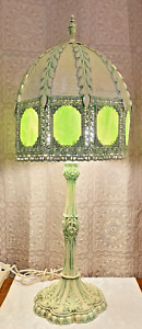 Vintage 1960’s Green Slag Glass Lamp With Metal Filigree Mesh Shade and Base