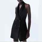Zara Women's Size Large Black Halter Tuxedo Blazer Dress Open Back Mini NWT