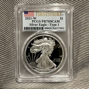 New Listing2021 W PROOF SILVER EAGLE PCGS PR70 DCAM FLAG FIRST STRIKE LABEL TYPE 1