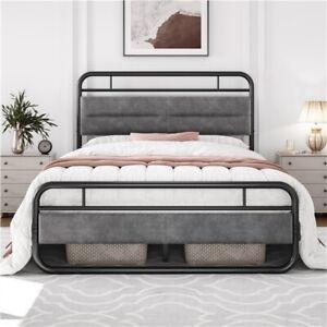 Metal Platform Bed Frame with Upholstered Headboard and 8.7'' Under-bed Storage