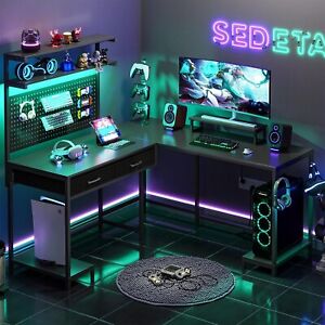 L Shaped Gaming Desk with LED Lights & Pegboard, Home Office Desk with Hutch