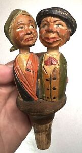 Vintage Arni? Hand Carved Mechanical Wooden Wine Bottle Stopper Kissing Couple