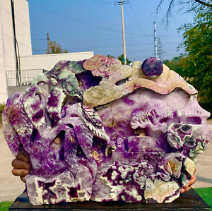 19.29LB Natural purple fluorite cube hand carved Relief landscape mineral sample