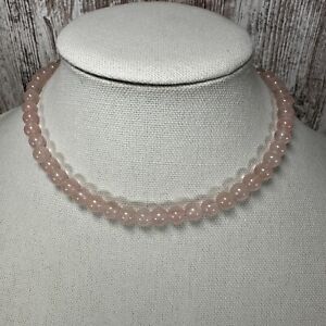 Vintage Rose Quartz Polished Gemstone Bead Necklace 16” Screw Back Clasp