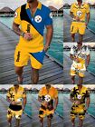 Pittsburgh Steelers Mens Zipper Collared Shirts Casual Beach Shorts 2pcs Outfits