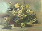 ANTIQUE VICTORIAN PANSY PAINTING OIL ON CANVAS 15” X 21