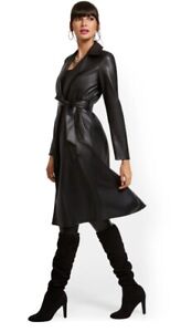 Black Faux Leather Trench Coat Jacket Size Small Duster Belted New With Tags