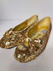 Lacy Afternoon Vintage Womens Size 8 1/2 Gold Sequin Flats Ballet Shoes with Bow