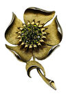 Vintage Alan J Green Rhinestone Large Flower Pin Brooch Brushed Matte Gold Tone