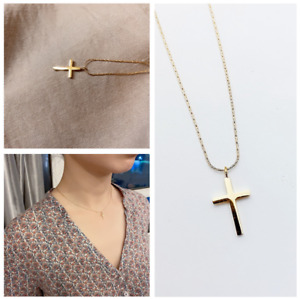Women 14K Gold Stainless Steel Small Cross Pendant Chain Necklace Gift AG