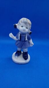 New ListingVintage Blue & White Porcelain Figurine Little Girl Waving Blonde Pigtails 4 in