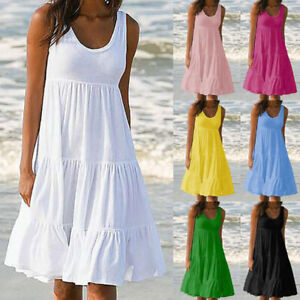 Womens Summer Smock Dress Ladies Holiday Beach Casual Loose Frill Mini Sundress*