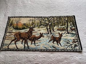 Vintage Deer Or Elk Herd In Snowy Woods Velvet Tapestry Wall Hanging Rug 19.5X38
