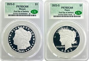 2023 $1 S Proof Silver Morgan Dollar and Peace Dollar 2 Coin Set CAC PR70 FDOD