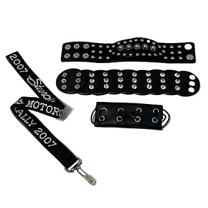 2 Black Studded Adjustable Bracelets, Leather Hair Holder, Lanyard - Lot of 4