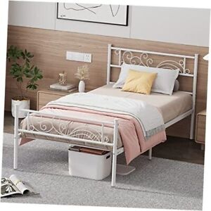 Size Bed Frame with Headboard No Box Spring Needed Platform Single Twin White