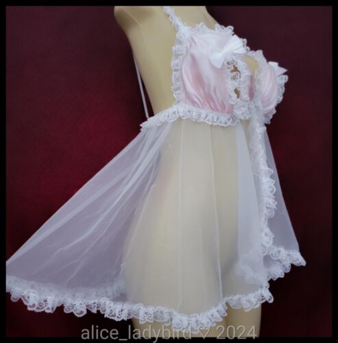 Vintage SHEER Twirly CHIFFON Short BABYDOLL Gown Pink SATIN Bra Bows Lace ~XL