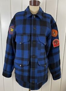 VTG Filson Mackinaw Cruiser Blue & Black Plaid Wool Jacket 42 w/Hunting Patches