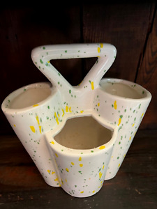 New ListingVintage Ceramic Splatter Paint Caddy Vase w/Handle White with Green & Yellow 7
