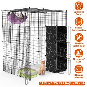 Pet Cat Cage Enclosure Indoor Playpen Detachable Wire Kennel Crate with Hammock