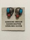 Genuine Native American 925 Silver Sleeping Beauty Turquoise /Red Coral Earrings