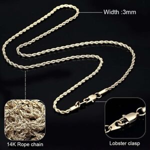 Rope Chain Necklace 14K Gold Plated Stainless Steel Men's Women's Jewelry 3mm