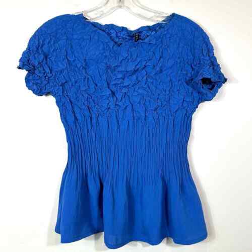 Babette Blue Polyester Crinkled Pleated Short Sleeve atop Size XXS