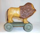New ListingContemporary Hand Carved Painted Wood Primitive Folk Art Lion Pull Toy on Wheels