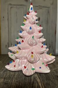 Vintage 12” Pink Iridescent Ceramic Christmas Tree Multicolor Bulbs Pearl