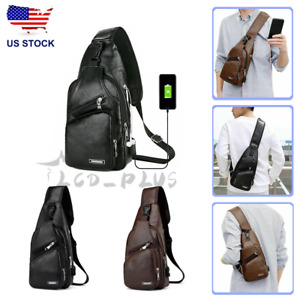 Mens PU Leather Sling Pack Chest Shoulder Crossbody Bag USB Charging Port Sport