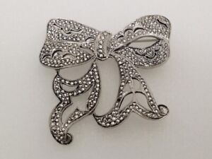 Vintage Signed By BRANDT 925 Sterling Silver Marcasite Bow Brooch 18.9 g.