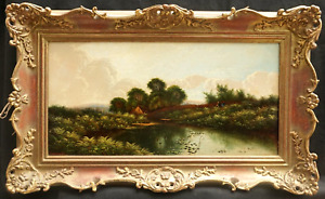 EDWIN H BODDINGTON 1836-1905 FIGURES BY LAKESIDE COTTAGE Antique Oil Painting