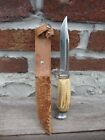 Vintage Henley & Co Germany Stag Handle Fixed Blade Hunting Knife Tooled Sheath