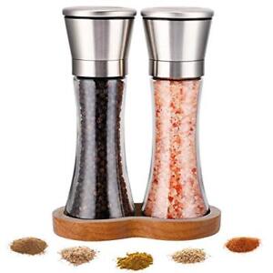 LessMo Salt and Pepper Grinder Set with Wooden Standing Tray