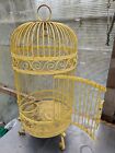 Large Antique Wrought Iron painted BIRD CAGE w Perch, Dish Rings, Feet. 30