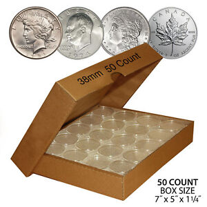 50 MORGAN DOLLAR Direct-Fit Airtight 38mm Coin Capsule Holder (QTY: 50) with BOX