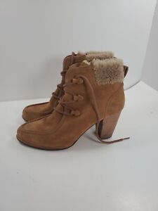 UGG Boots WOMENS 9.5 ANALISE Tan LEATHER SHEARLING CUFF FASHION HEELS SHOES