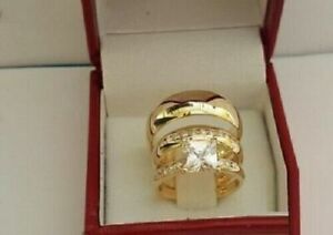 14K Gold Fn Princess Cut Simulated His Her Trio Wedding Band Bridal Ring Set