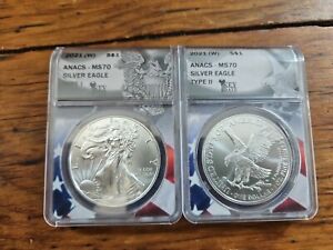 2021 $1 Type 1 And Type 2 Silver Eagle Set ANACS MS70