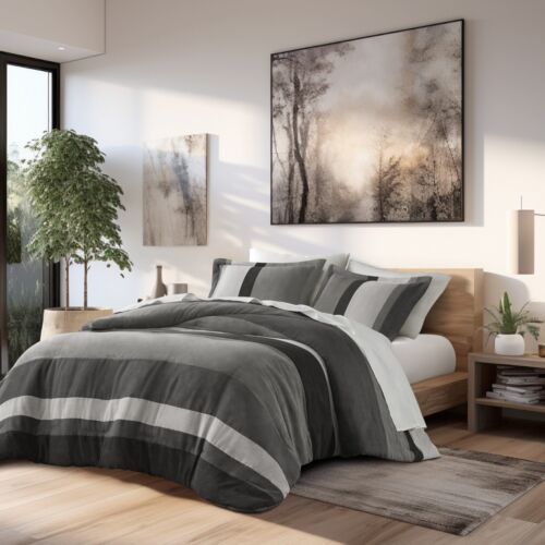 Luxury 3 Piece Stripe Comforter Set Faux Suede Fluffy Full Queen King Size New