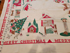 Vintage Christmas Tablecloth Xmas Santa Reindeer Children Merry Christmas 42x49