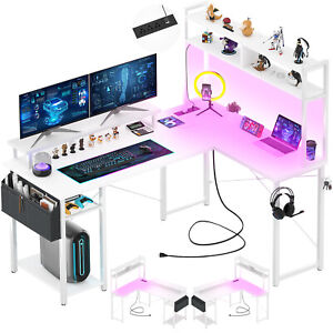 L Shaped Gaming Desk with Led Lights and Power Outlets Home Office Computer Desk