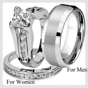 His Hers Stainless Steel & Titanium Wedding Band Ring Set Jewelry Size 6-10