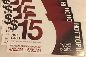 4 Hot Topic Hot Cash $15 off $30 coupon codes valid from 04/25/24 to 05/05/24