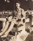 EMPTY BARBERSHOP WOMAN SMILES in BARBER CHAIR ~ 1930s VINTAGE PHOTO