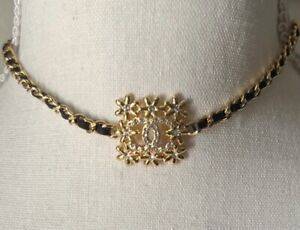 Chanel Leather Crystal Floral Pendant Choker Necklace CC  2023 Gold Lambskin