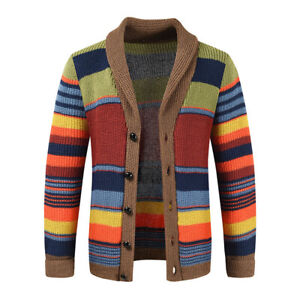 Men V-Neck Cardigan Patchwork Knitted Long Sleeve Top Button Coat Sweater Jacket