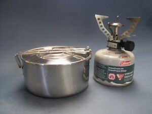 Coleman Peak 1 Micro Stove  3140-700T w Stainless Cook Pot Great Condition Camp