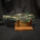Antique Green Glass Handblown Torpedo Soda Bottle With Blob Top And Wooden Stand